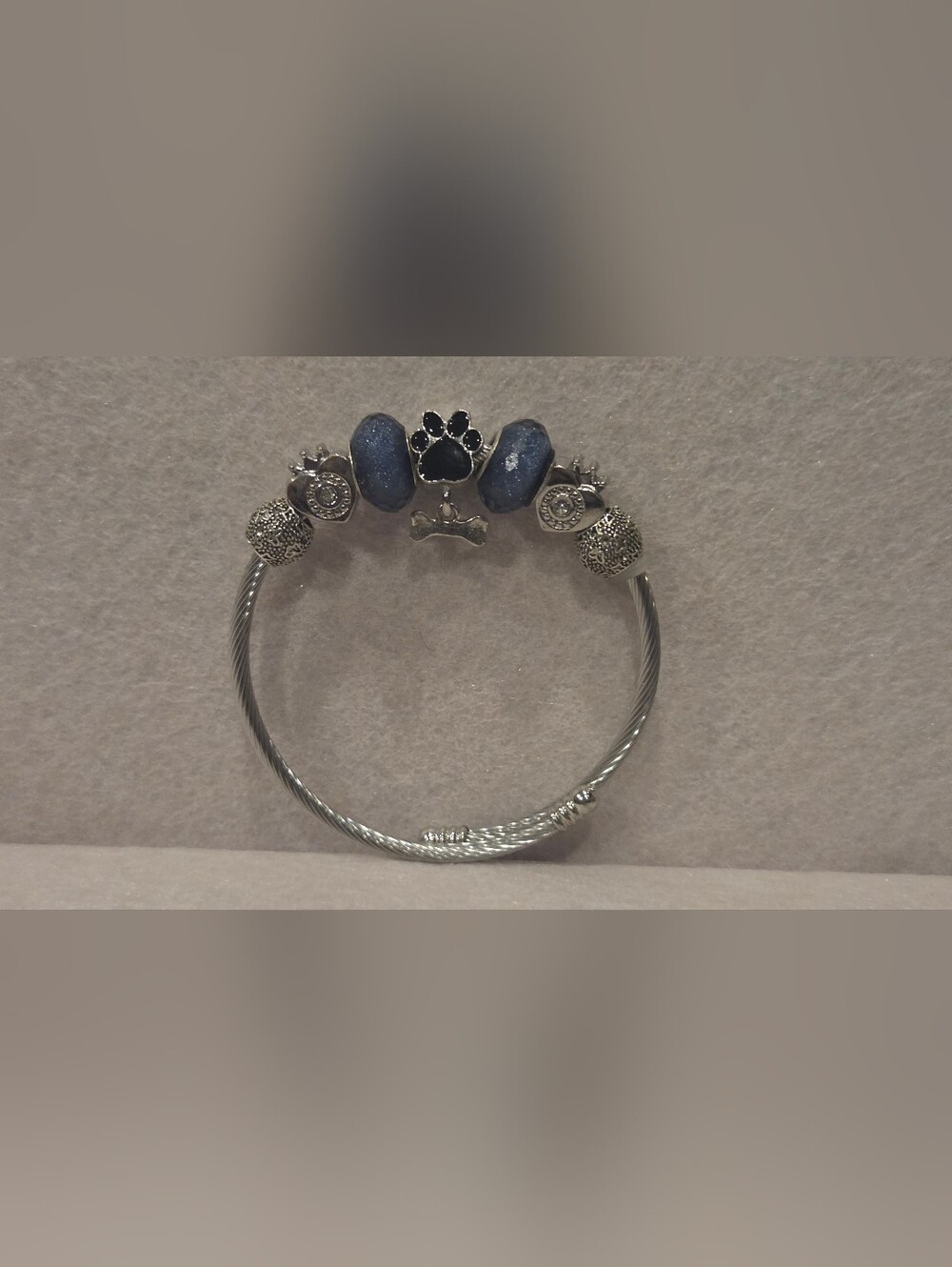 Silver Tone Paw & Blue Bead Charm Bracelet - Women Jewelry